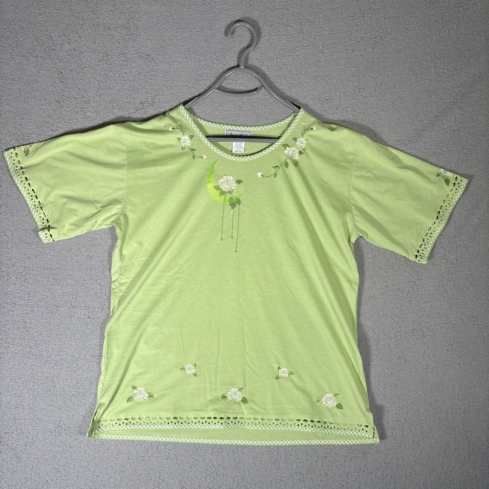 Anne Fashion Sage Green Embroidered Moon Rose T-Shirt Womens XL Gingham Eyelet